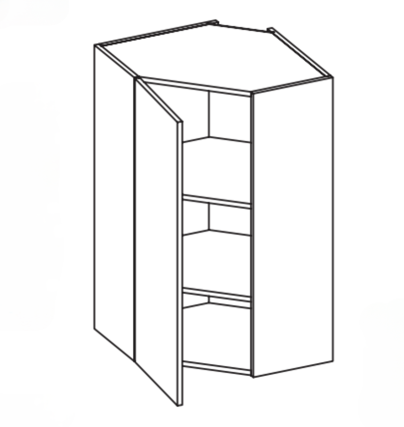 Line drawing of a corner cabinet with open doors and three shelves inside.